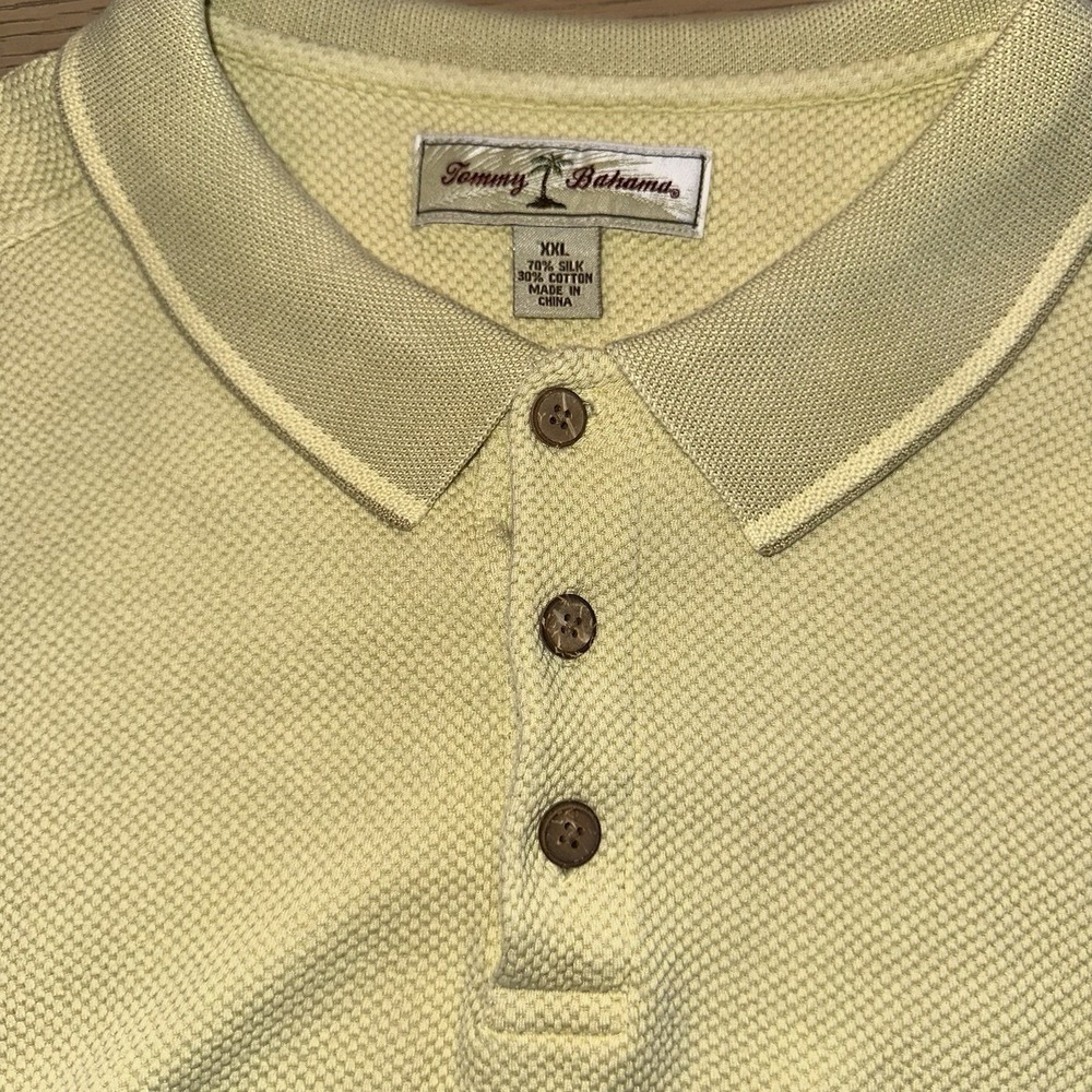 Vtg Tommy Bahama Silk Cotton Polo Shirt XXL Yellow Waffle Knit Casual 90s Y2K
